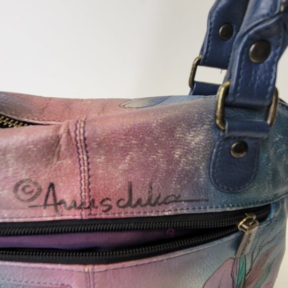 ANUSCHKA  5 Compartments Bag Handpainted Leather Floral Tote Blue Lilies Handbag - Picture 6 of 16